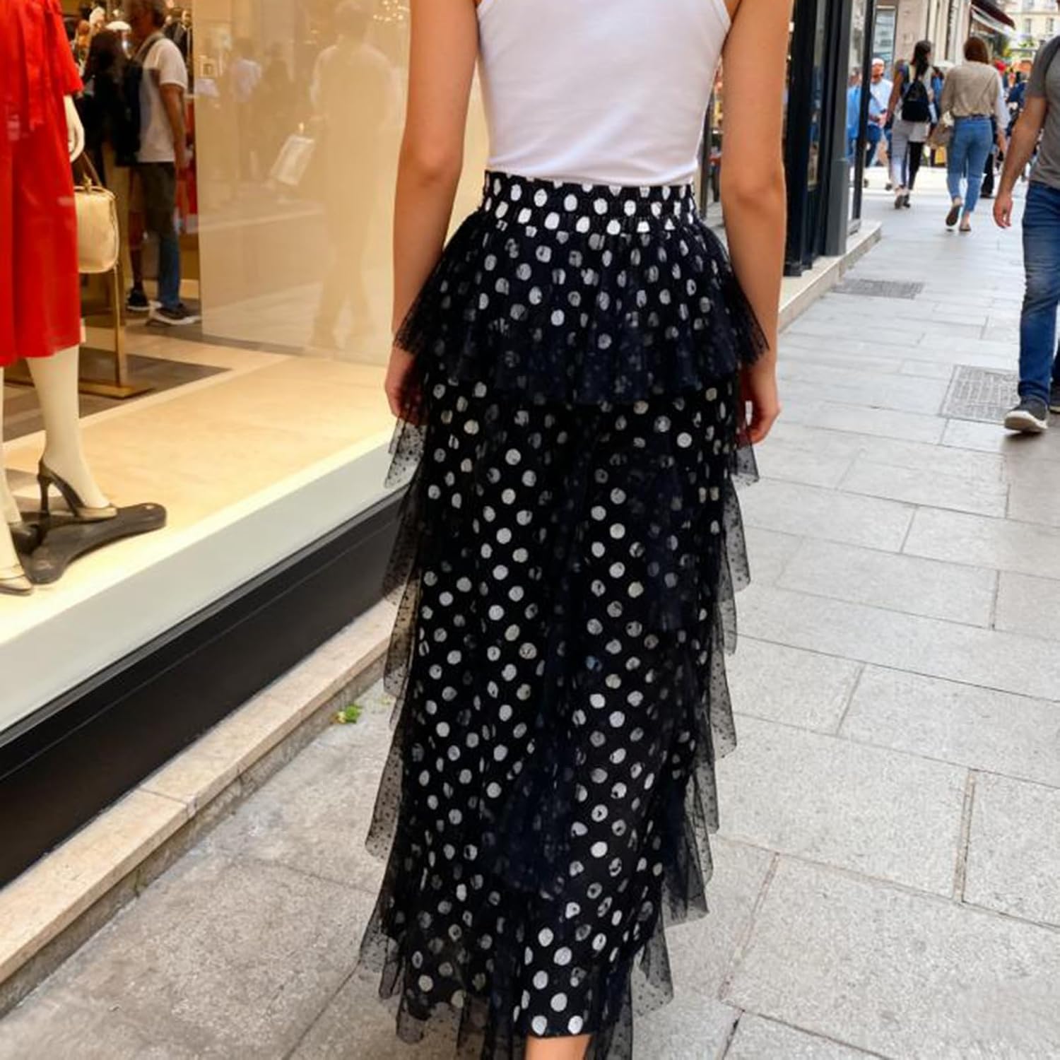Women Layered Ruffle Tulle Long Pants Polka Tiered High Waist Loose Wide Leg Trousers Mesh Tiered Party Pants