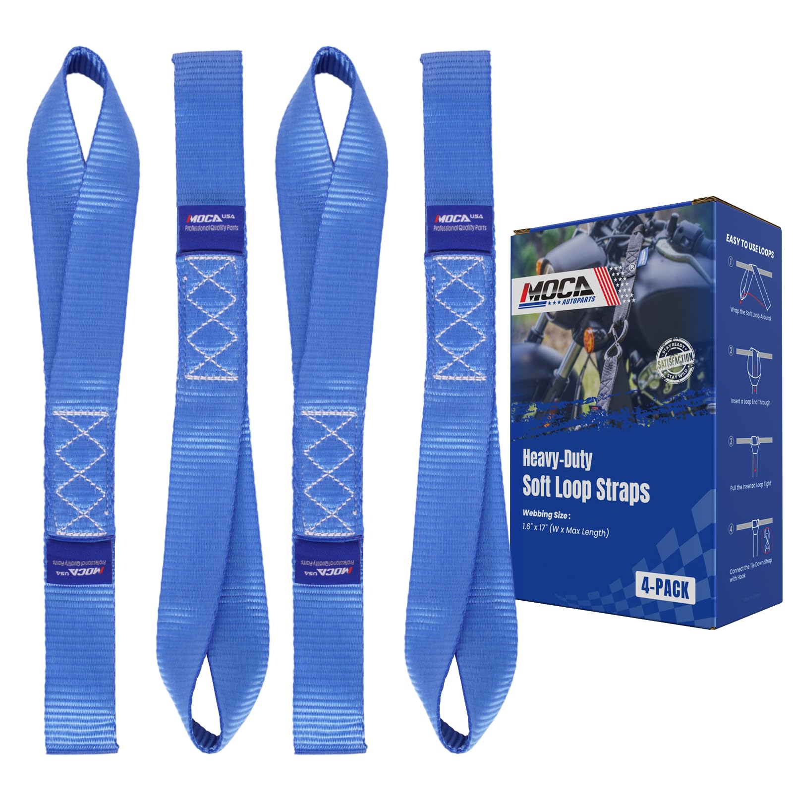 MOCA 4-Pack Soft Loop Tie Down Straps 12000 Lbs Breaking Strength 1.6 x 17 inches, Heavy Duty Tie Down Loops for Secure Trailering of Kayak,