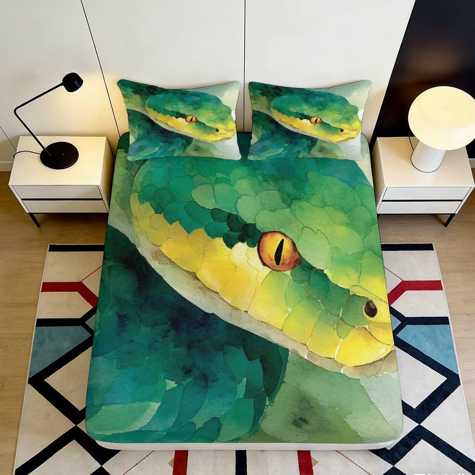 Jqzkxnhpbr Style-4 3D Printed Green Snake Fitted Sheet Microfiber Soft Anti-Slip Bedroom Decor Jungle Reptile Mattress Cover 90X200x25cm