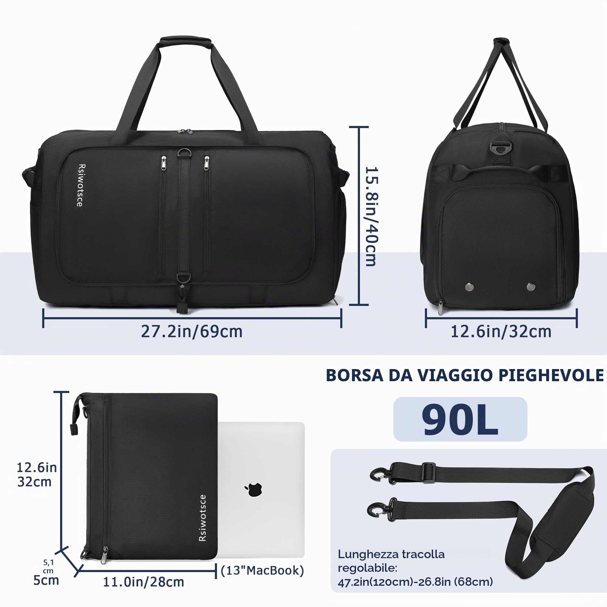 Borsone da Viaggio e Palestra 90L Pieghevole Impermeabile, Borsa Sportiva Grande Capacità 69x32x40 cm, Unisex per Donna e Uomo (Nero)