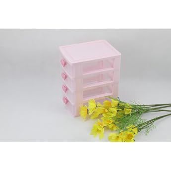 Pink Table Storage with 4 Transparent Drawers Sturdy Plastic Organiser for Dressing Table Office and Bathroom Versatile Small Items Storage 17.9 x 13.3 x 20.4 cm