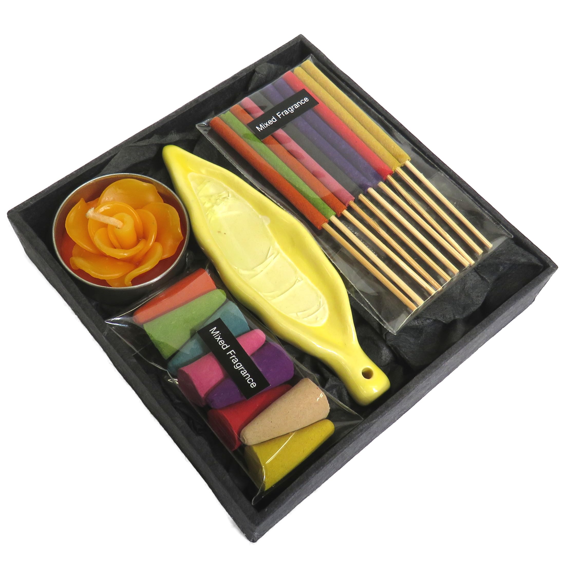 Incense Gift Set Containing Incense Cones, Short Mixed Incense sticks, Tea Light and Ash Catcher