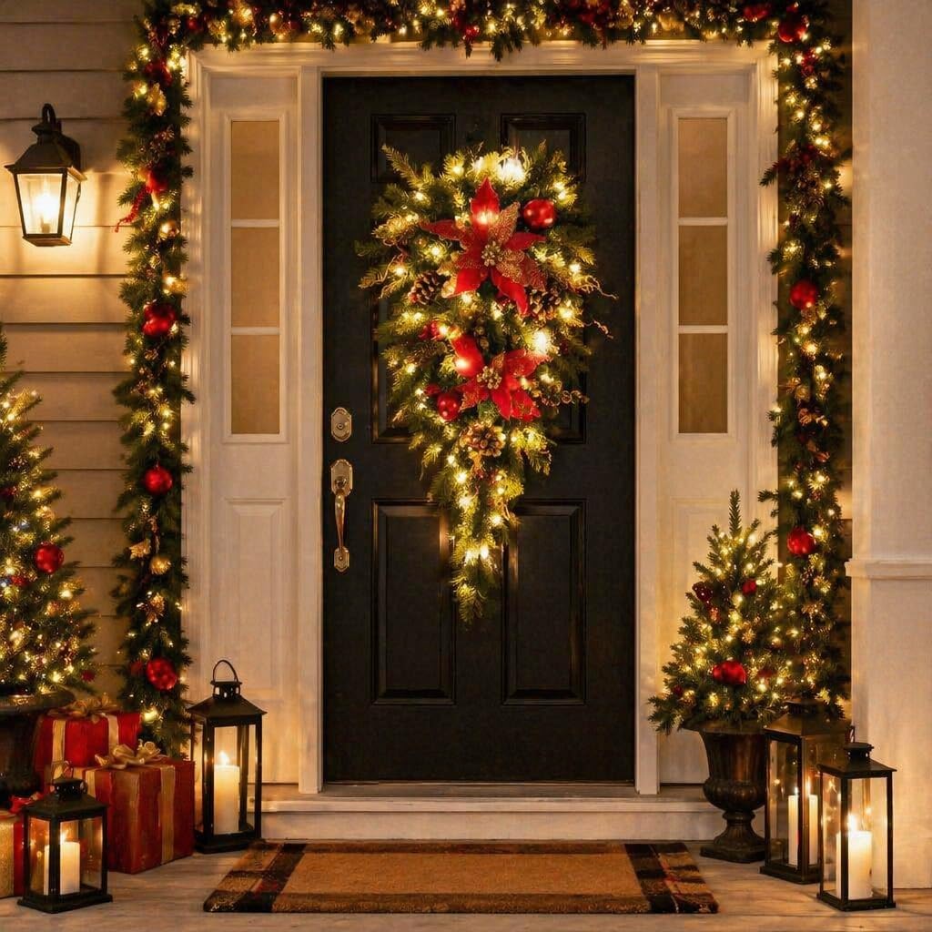 24" Pre-Lit Christmas Teardrop Swag with Lights, Battery Operated Hanging Xmas Door Decoration, Holiday Front Door Garland Swag with Pine Cones, Red Flower & Greenery for Indoor Outdoor Porch Decor