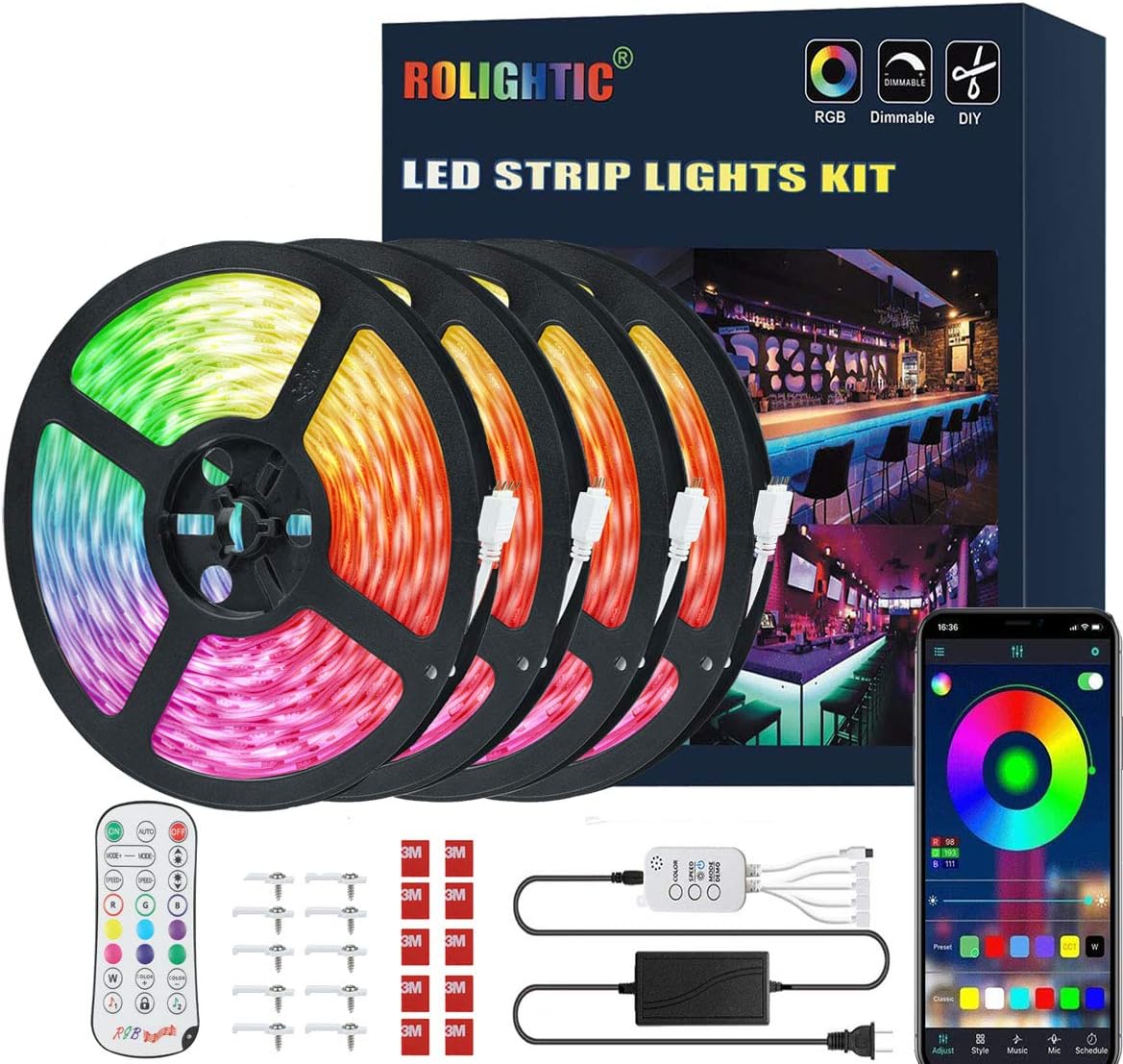 65.6FT RGB LED Strip Lights Kit, 5050 RGB LED Light Strips, 600LEDs DIY Rope Lights