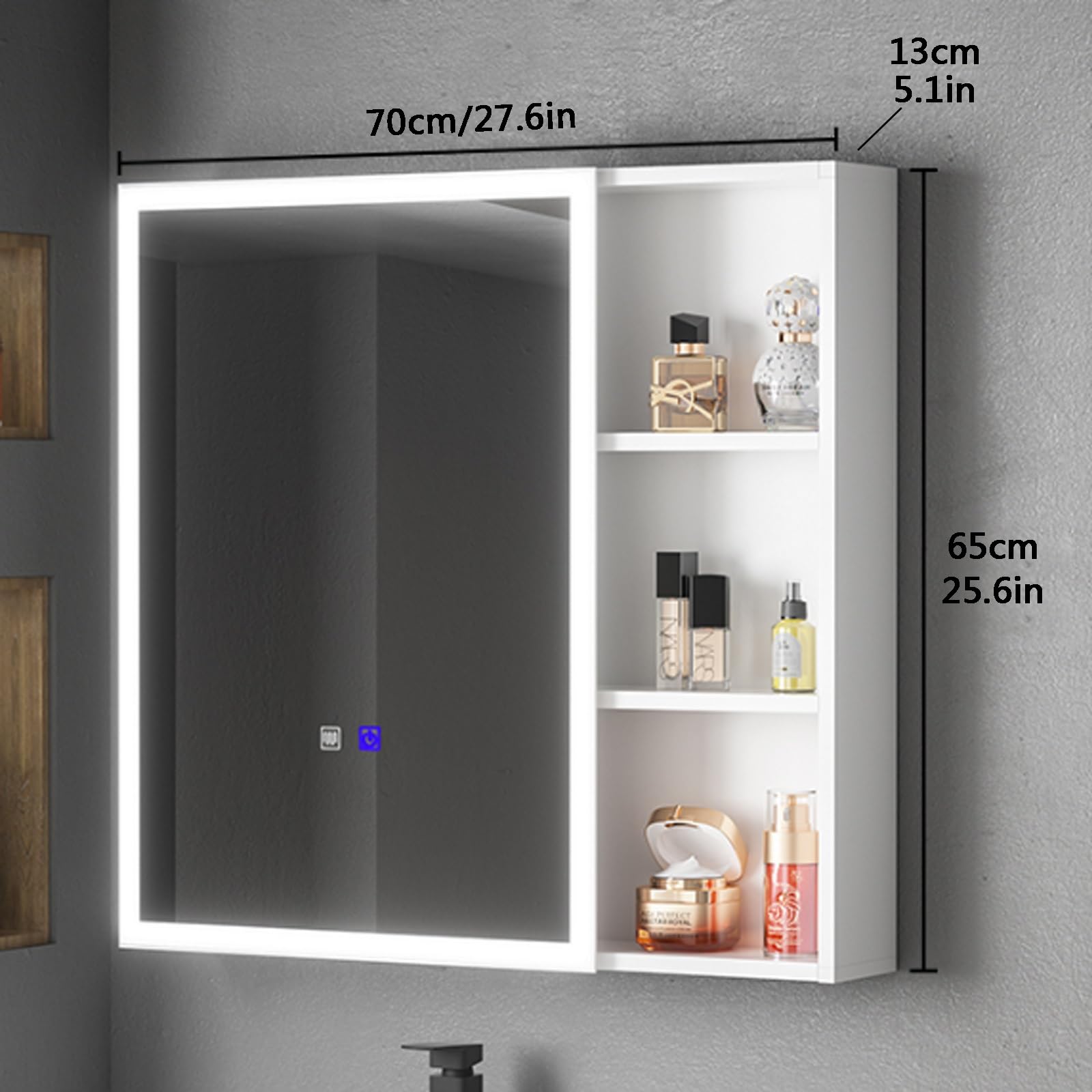Espejo con almacenaje de maquillaje,Aluminio armario de baño con espejo y luz,armario espejo baño con Espejo Antivaho,espejo de pared con almacenaje Alta capacidad,Espejo de belleza hacia atrás(Color: