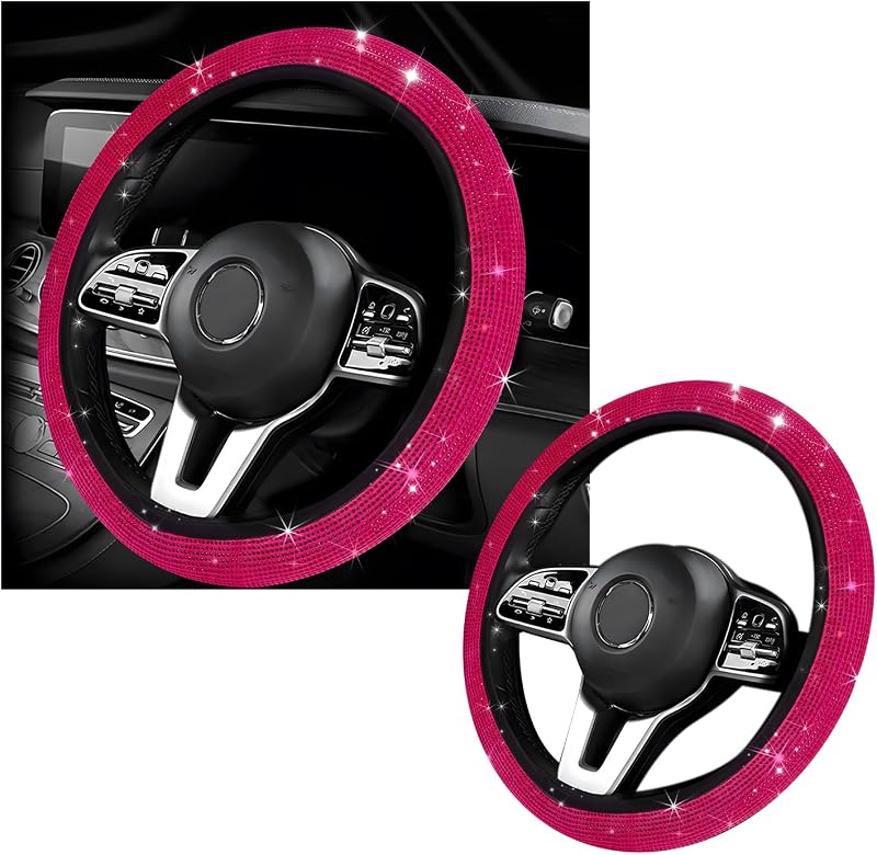 Capa para Volante Kewucn com Strass e Acabamento Aveludado Rosa+Rosa, 38,1 cm