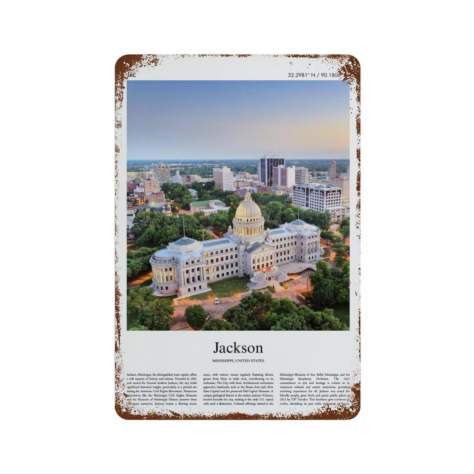 xiaoxiaoshen Jackson Mississippi, United States, USA City Scenery Wall Decor Art Metal Tin Poster Modern Home Decor Art Home Bar Shop Decorations Vintage Sign 30x20cm