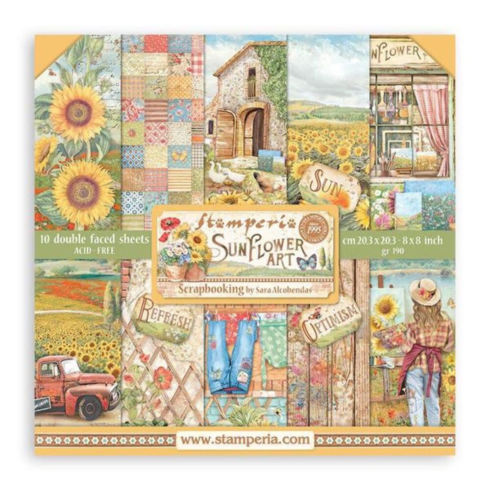 NEW Stamperia 8"" x 8"" Paper Sheets Sunflower Art