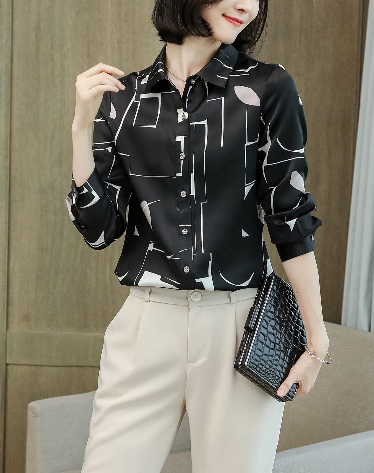 E-girl Blusa de seda para mujer, camisa de seda sólida, con botones, blusa de manga larga, blusa de seda, S9080