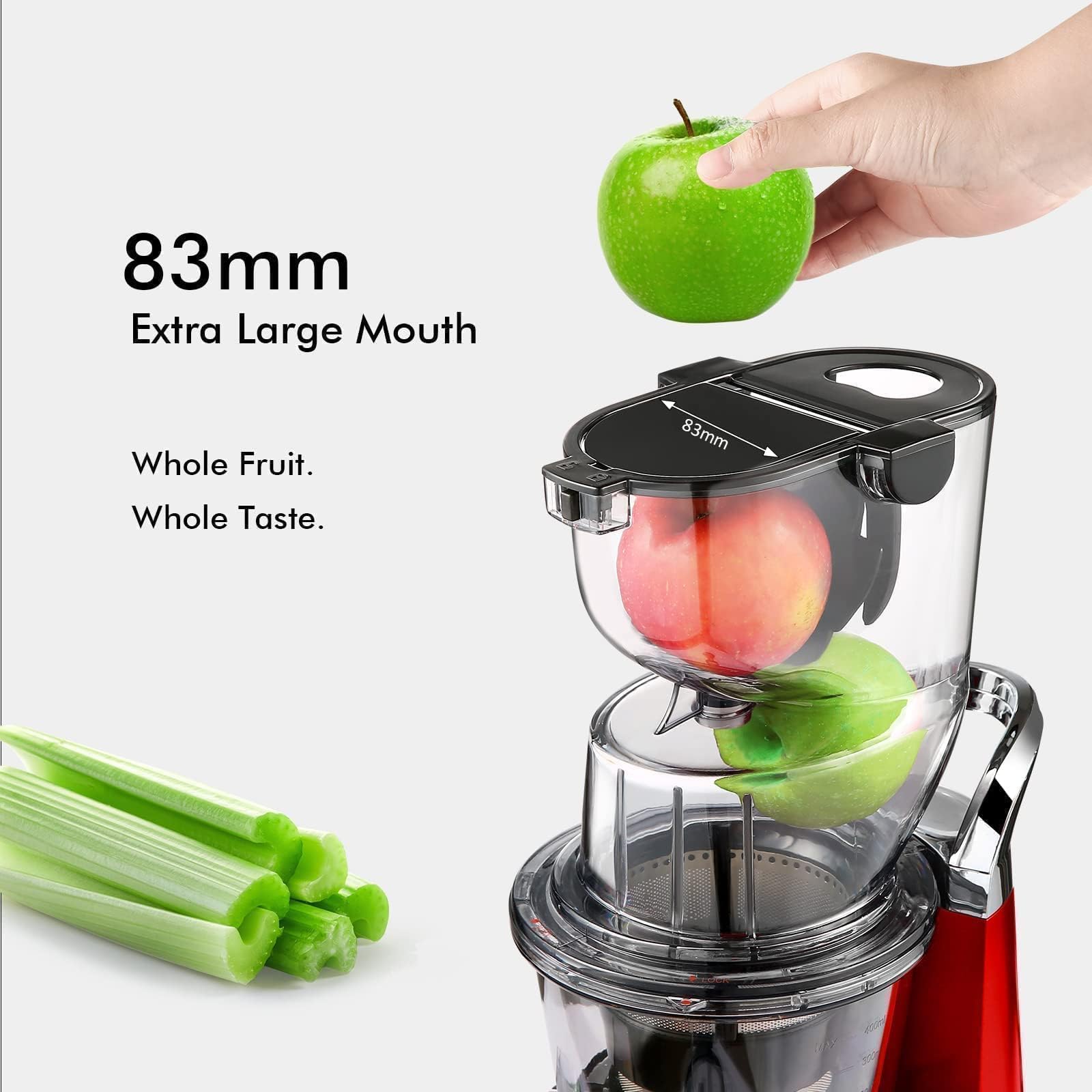 SIFENE AMR8824 - Spremiagrumi a freddo, apertura grande da 83 mm, per spremere lentamente, facile da pulire, per succo di frutta e verdura, plastica e acciaio inossidabile, rosso puro
