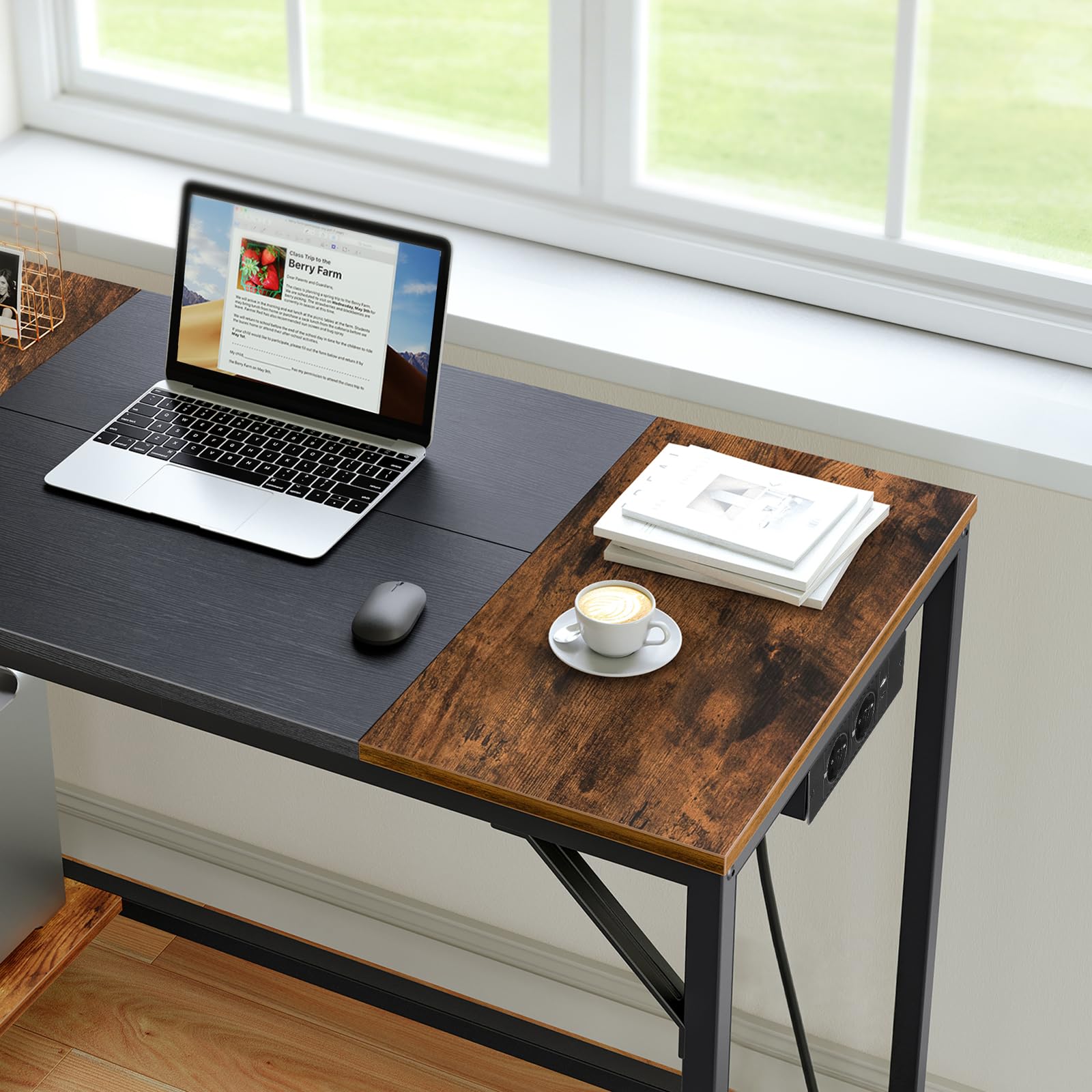 HOOBRO Escritorio, Mesa para Ordenador de 90 x 40 x 77 cm con Estación de Carga, Mesa de Oficina en Casa con Estantes, para Despacho, Estudio, Sala de Estar, Marrón Rústico y Negro EBF43CDN01