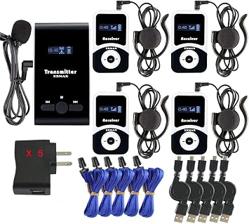 EXMAX ATG-100T 195MHz Wireless Tour Guide Acoustic Audio Voice Transmission System Microphone Earphone Headset for Church Translation Simultaneous Interpreting Tour Travel1 Transmitter 4 Receivers