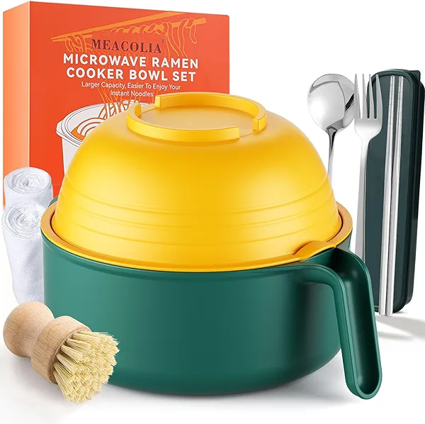 Large Ramen Bowl Set, Microwave Noodle Pasta Cooker with Lid and Strainer, Microwave Steamer for Vegetables, with Stainless Steel Chopsticks, Spoon, Fork, for Office, College, Dorm, Gift (Yellow)