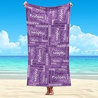 Vista 2 de Interestprint Toalla de playa personalizada con logotipo de secado rápido para él y ella, toalla de playa personalizada con texto blanco y morado