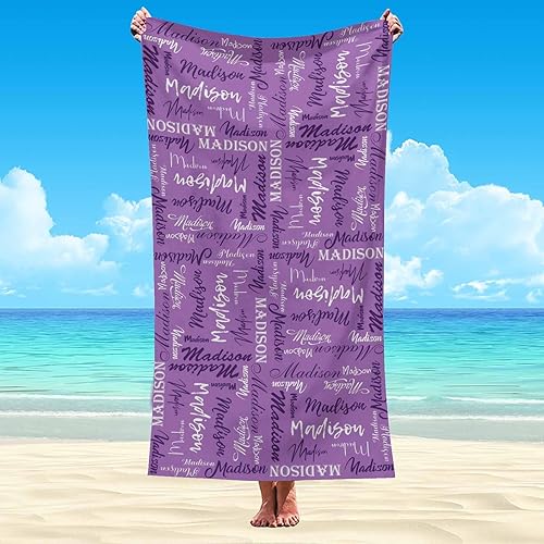 Miniatura 2 de Interestprint Toalla de playa personalizada con logotipo de secado rápido para él y ella, toalla de playa personalizada con texto blanco y morado