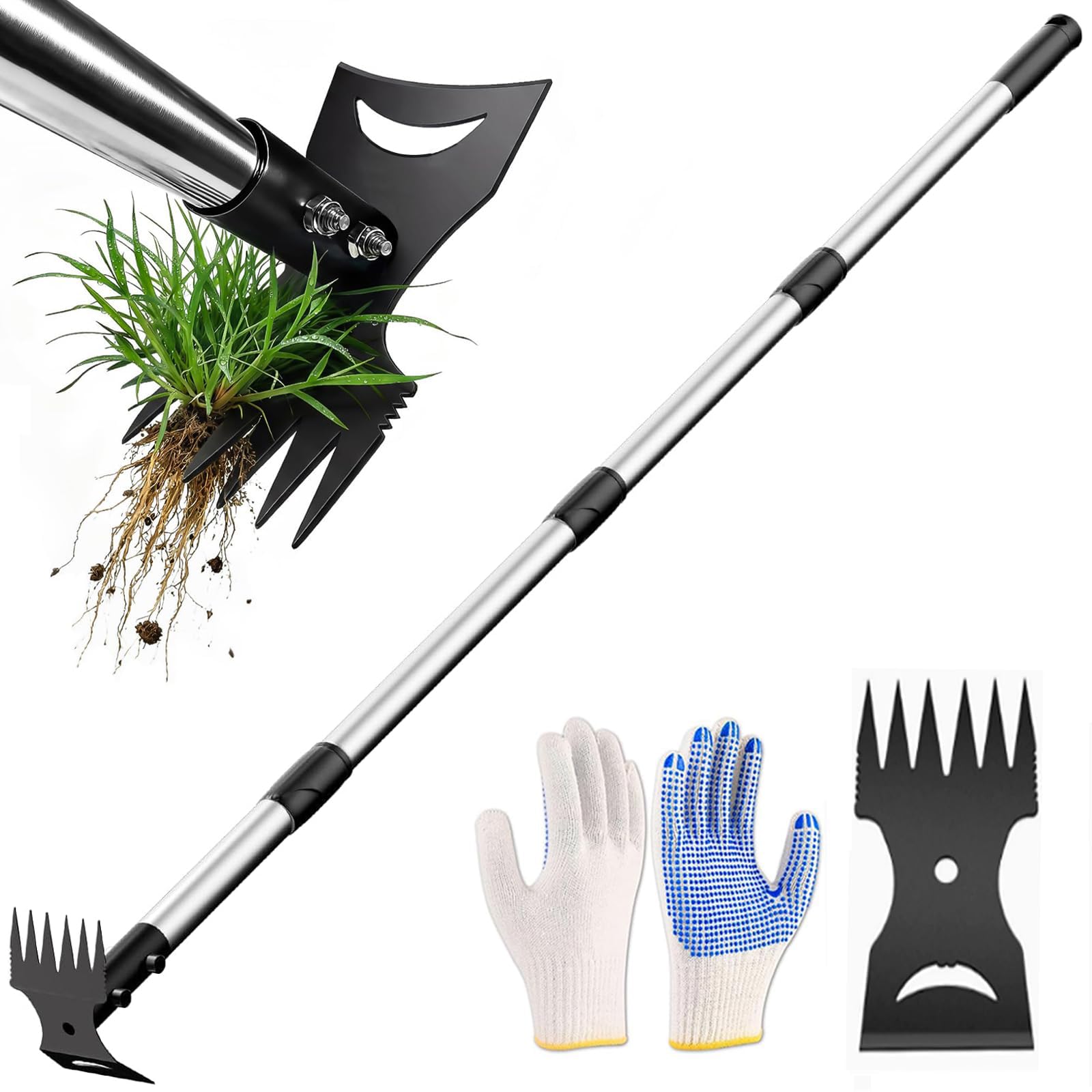 Rastrello Sarchiatore 2 in 1 Attrezzo Manuale per Estirpare Erbacce con Manico Lungo Zappa da Giardino