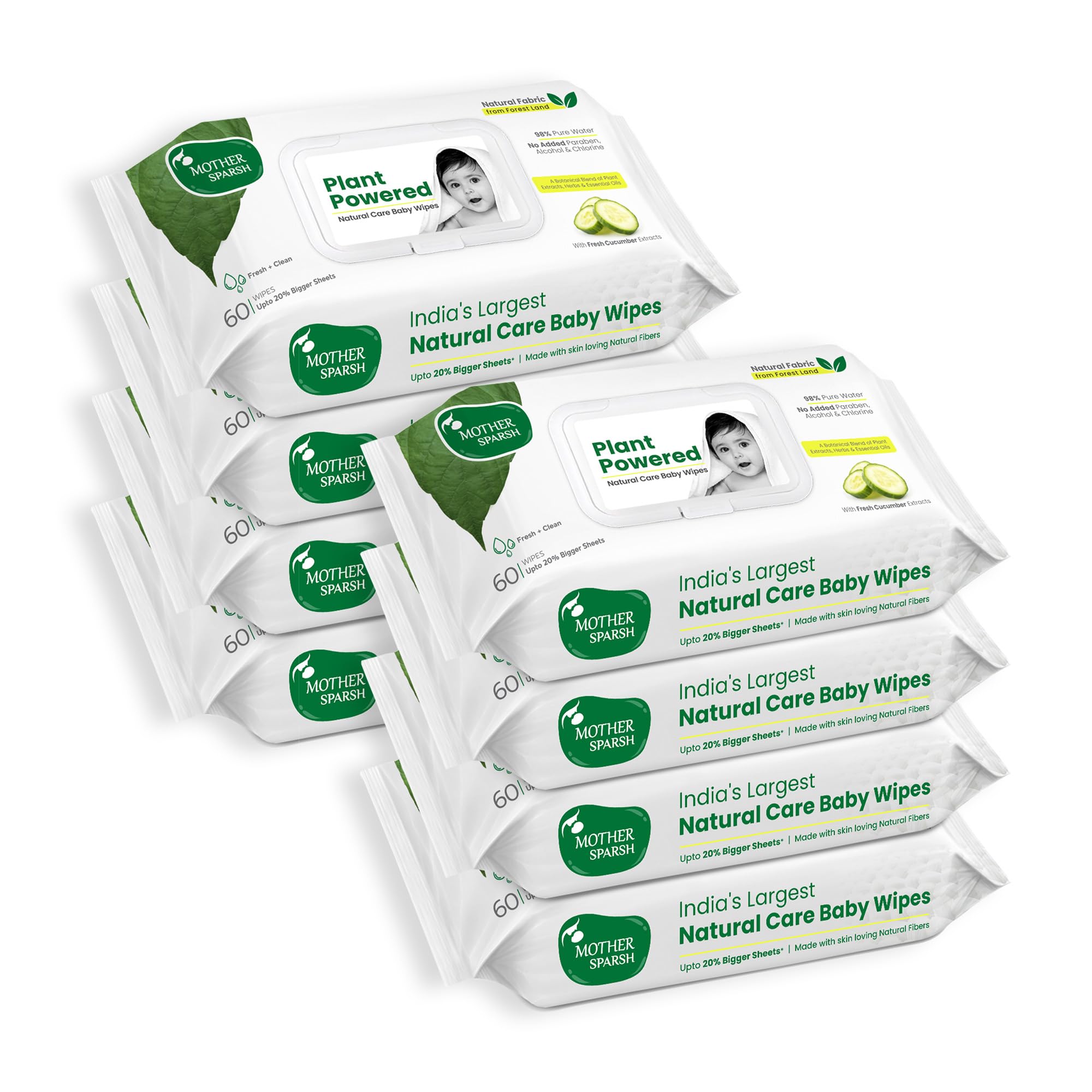Mother Sparsh Toallitas para bebés de cuidado natural 60 piezas (paquete de 8) I 100% tela vegetal hecha de tierras forestales | Fresco+Limpieza (con pepino) toallitas húmedas vegetales para bebé I