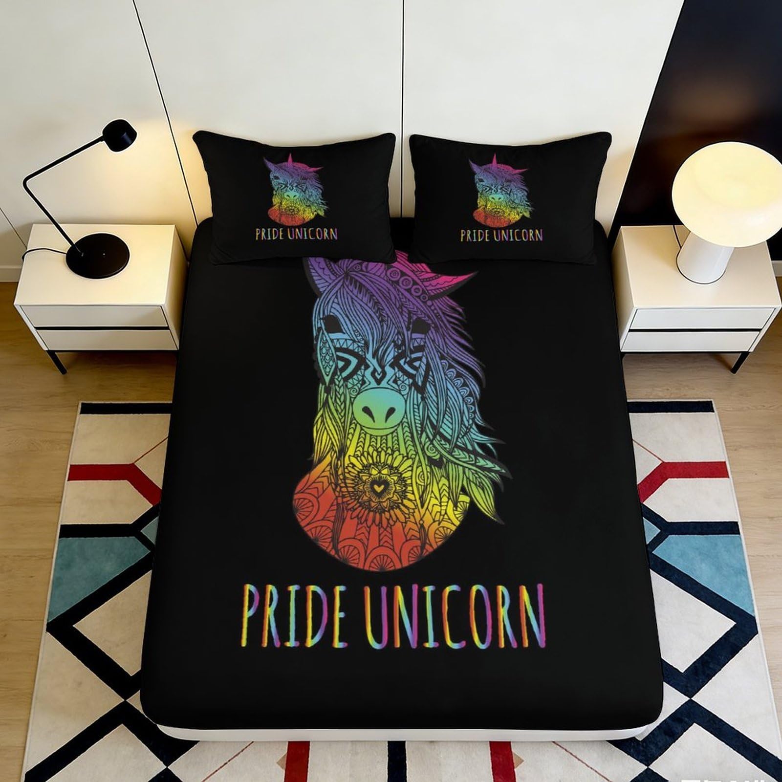 3D Printed Pride Unicorn Fitted Sheet Microfiber Soft Breathable Rainbow Bed Cover for Bedroom Dormitory Guest Room Mattress Protection Decor 140x200x25cm