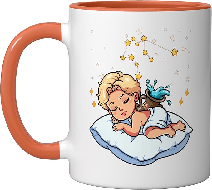 Aquarius Zodiac Sign Sleeping Ceramic Mug, Orange/White