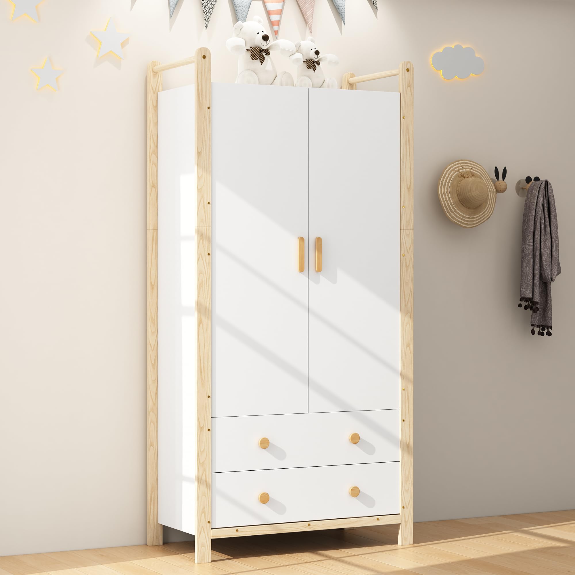 BTM Kleiderschrank 2 Türig mit Schubladen Kinderzimmer Kleiderschrank mit Stange Schlafzimmerschrank Flurgarderobe Weiß