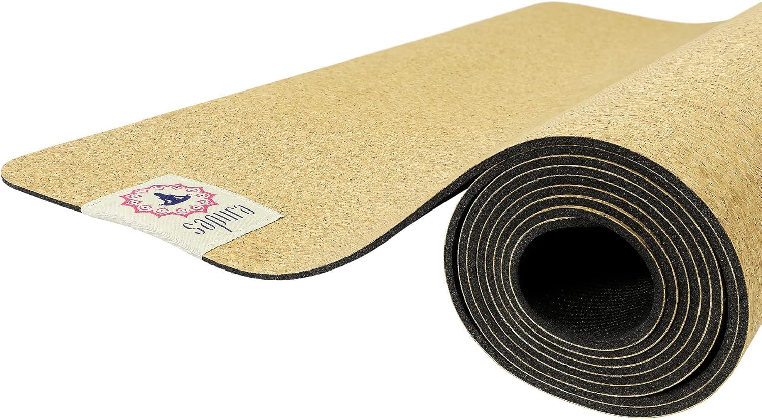 sapura health Yogamatte Kautschuk Kork 190 cm lang ✓ rutschfest ✓ Schwarz ✓ Tragegurt