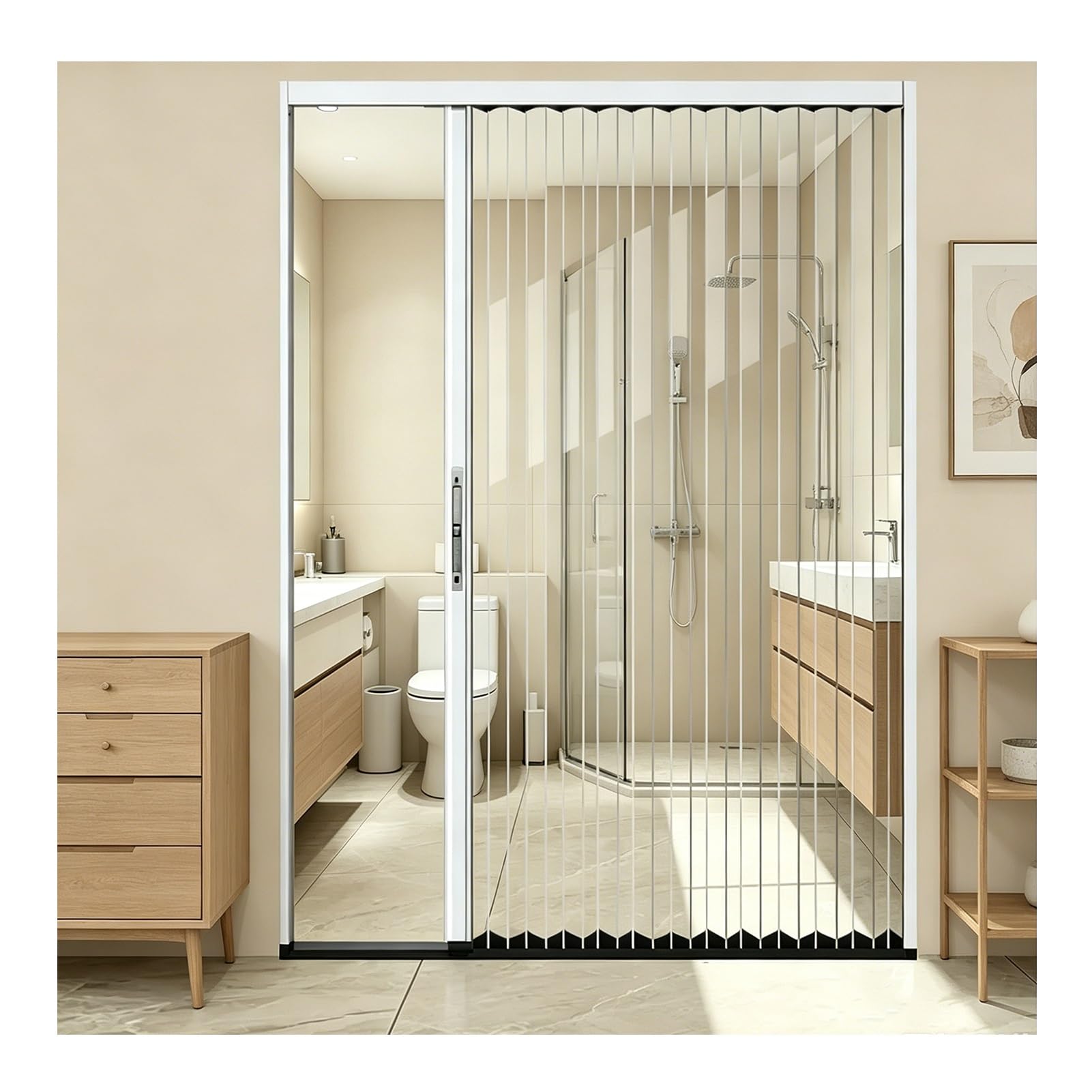 Clear PC Folding Doors with Lock, Ultra Low Track Aluminum Alloy Windproof Partition Screen for Closet Bathroom Doorways(White,85x210CM)