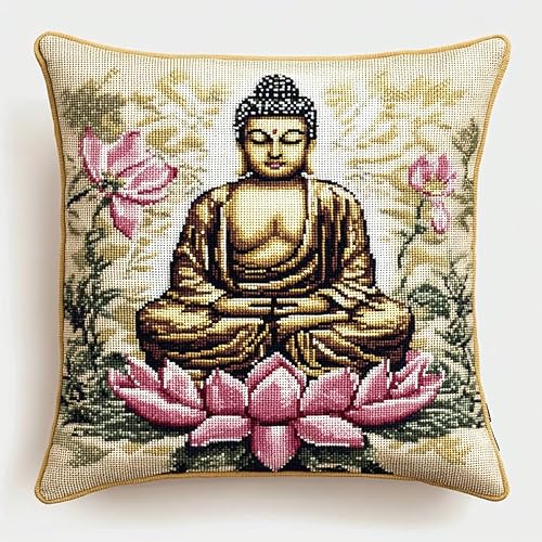 Wallustrioaw Multicolored Latch Hook Pillow Case Kits,Lotus Buddha Statue,Diy Latch Hook Cushion Kits,Cross Stitch Embroidery Kits Cushion Making Kits Home Decor,17X17inch