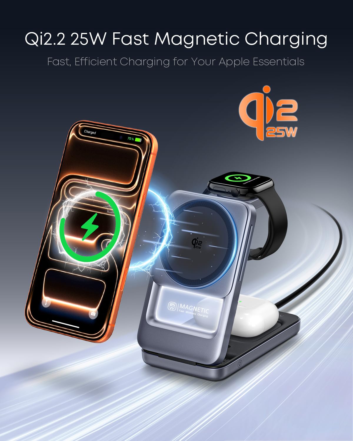 Qi2.2 25W 3-in-1 pieghevole caricatore senza fili magnetico per iPhone, luce notturna | Compatibile con iPhone 17/16/15/14/13/12, Apple Watch e AirPods, adattatore da 45 W + cavo 5A, custodia fino a 3 mm