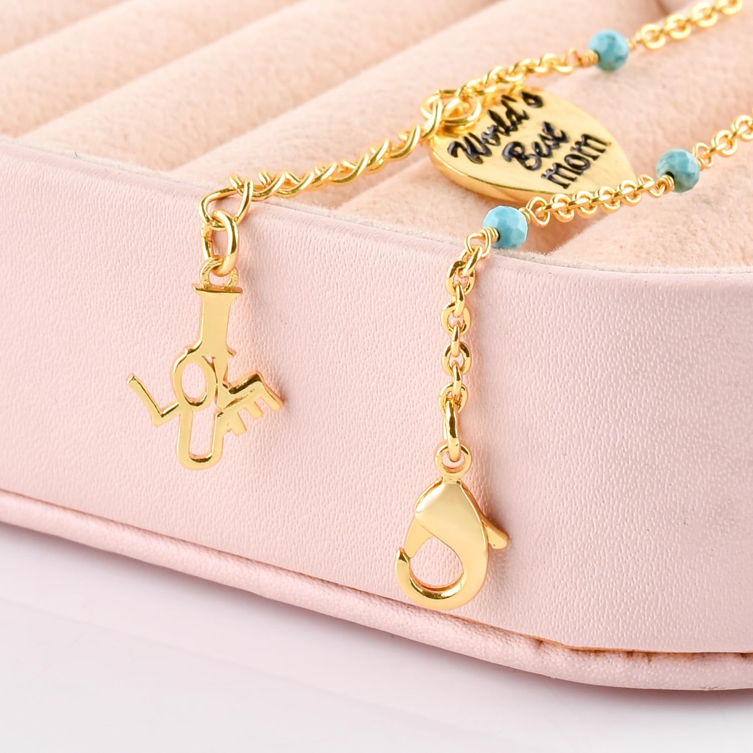 InfinityGemsArt Bracelets For Women Birthstone Jewelry Micro Beads Crystals and Healing Stones, Heart charm engraved “World’s Best Mom” And “I LOVE U” cut-out Charm, 18K Gold Plated Chain 8 inch - Image 4