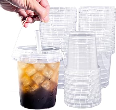 Qsqwsuye Set of 60 Large Plastic Cups with Lids and Straws 34oz