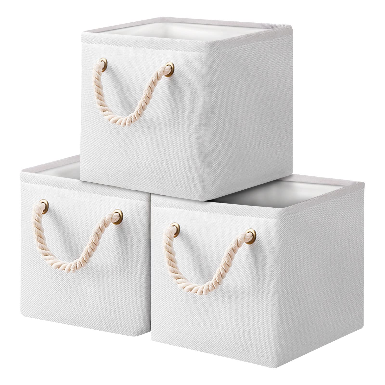 YawinheFoldable Storage Basket 3 Pack, Collapsible Storage Bins with Rope Handles, Wardrobe Organiser, for Sorting Clothes, Family Items, 28x28x28cm, White, SNK004WS