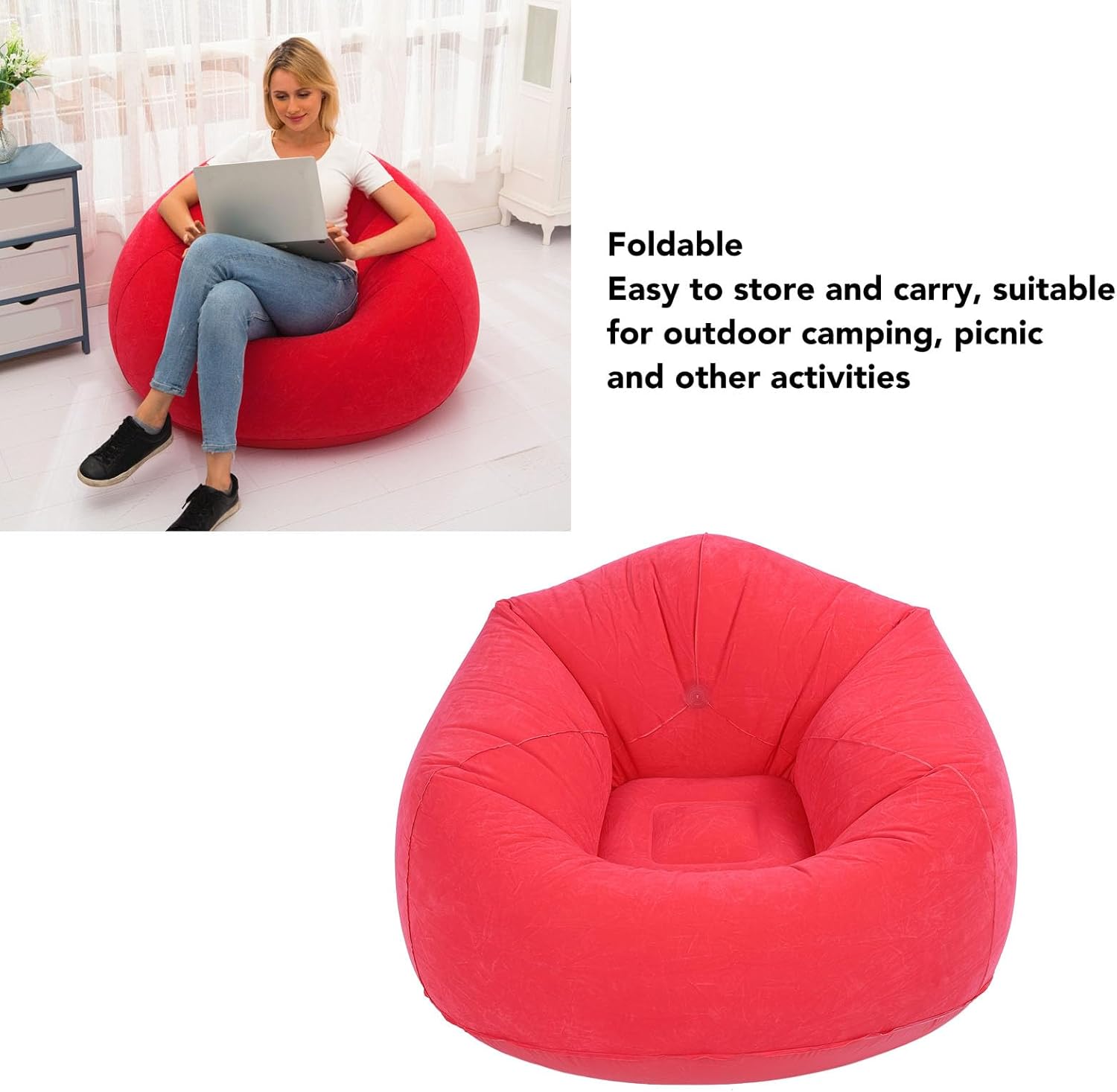Fdit Portable Folding Inflatable Lounge Chair Sofa with Flocking PVC, Lightweight Blow Up Design for Travel, Living Room, Bedroom, Balcony & Office (Red)