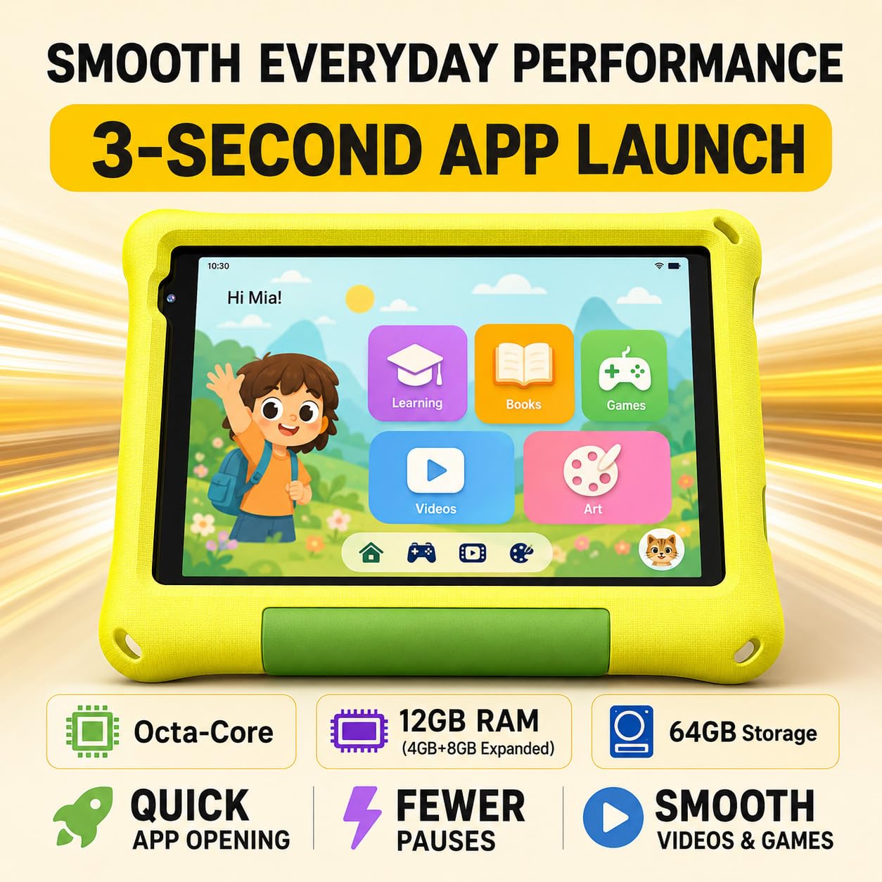 Tablet infantil de 8 pulgadas Android 15, Octa-Core 12 GB de RAM + 64 GB de ROM, tablet para niños pequeños con WiFi 6, control parental, espacio infantil preinstalado, funda EVA, protector de