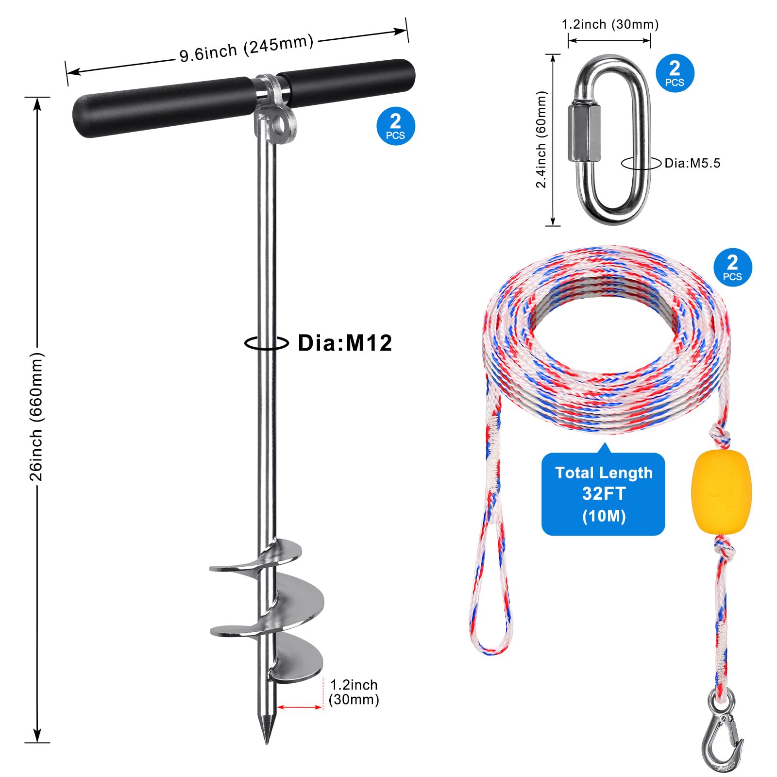Insaga Kotwa piaskowa 66 cm do łodzi, wkręcana kotwica do łodzi ze stali nierdzewnej 304, z poprzeczką i liną 9,8 m, płytka kotwica wodna do kajaka, skuterów wodnych, pontonu PWC, kotwica do piasku