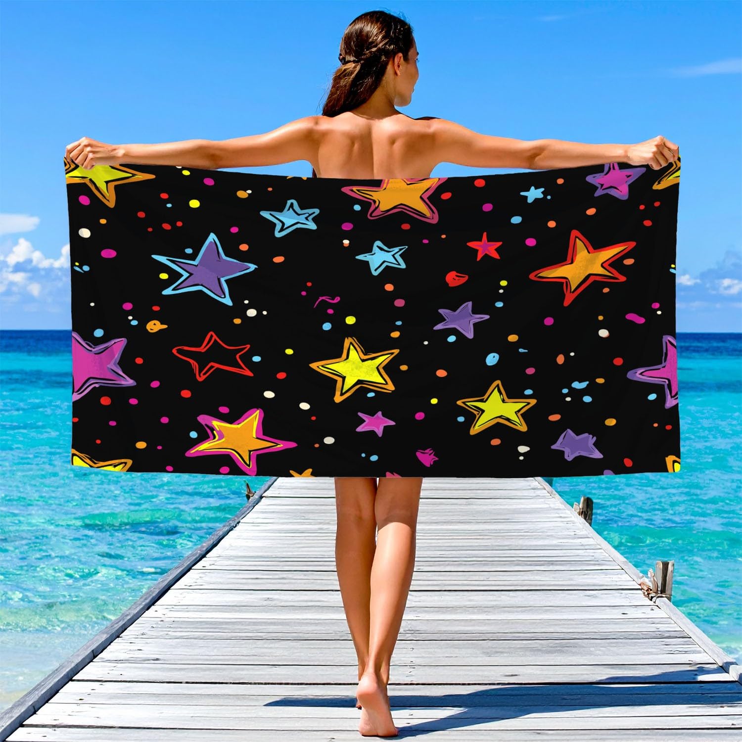 Générique Serviette de Plage Microfibre 180 x 100 CM,Drap de Plage Original, Nuit étoilée, Couverture de Plage Absorbante,Couverture de Bain Cartoon, Etoiles, Pois