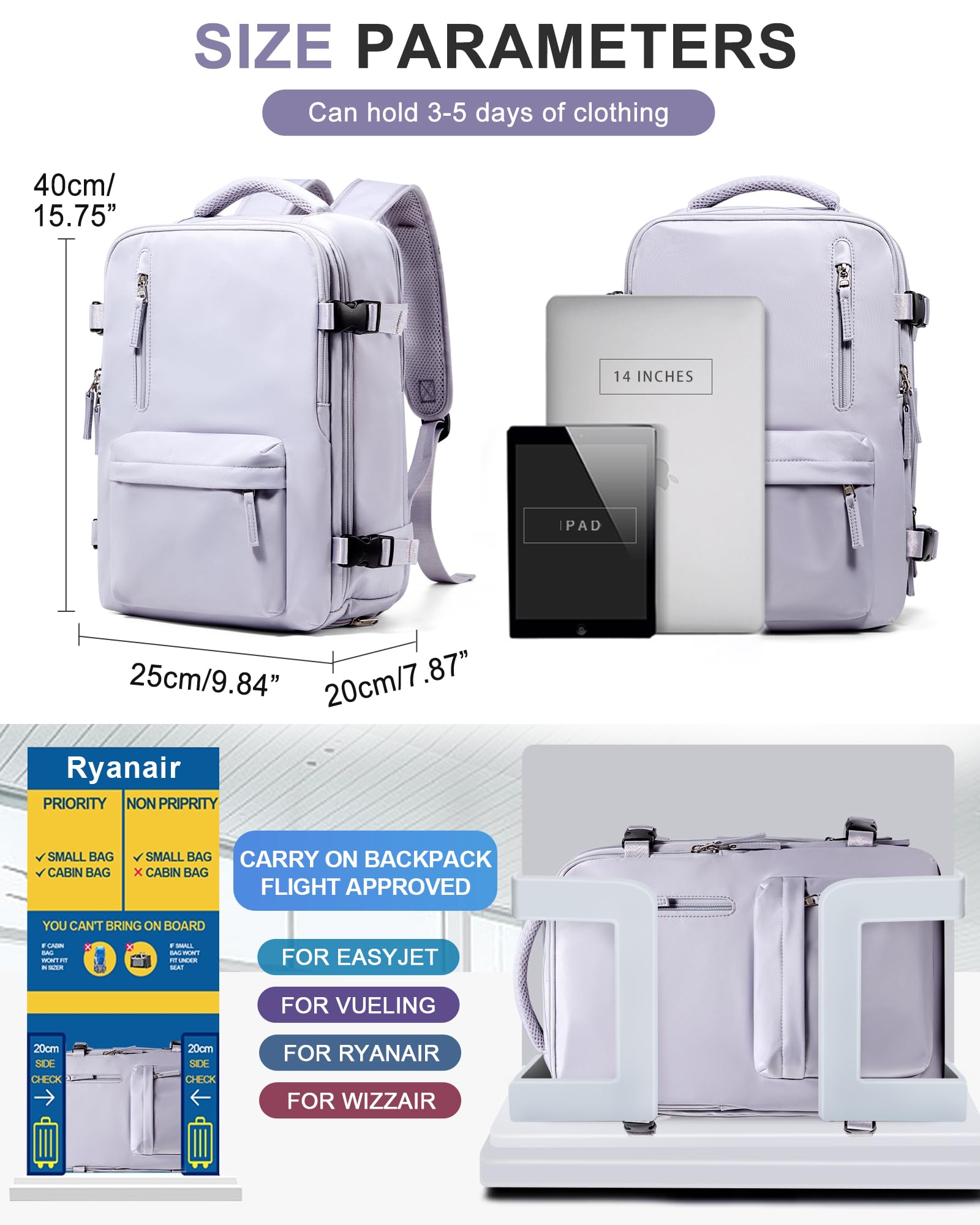 BJLFS Borse da Cabina per Ryanair 40×20×25 Zaino da Viaggio con Sottovuoto Bagaglio a Mano Easyjet 45×36×20,Zaino con sistema di compressione,Zaino Casual per laptop da 14 pollici per scuola