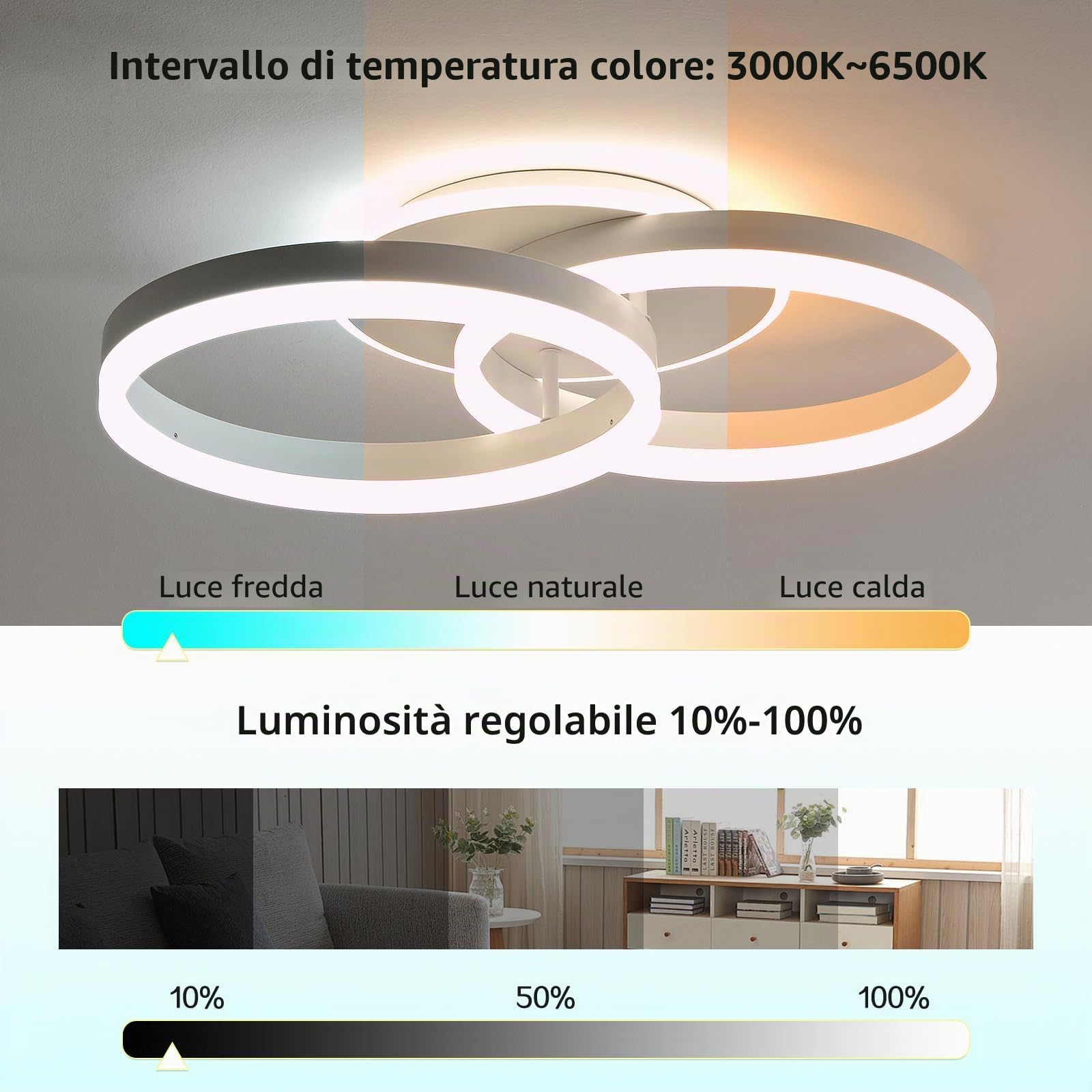 Smart Plafoniera LED Alexa, φ50 cm Design 2 Ring, Lampada da Soffitto 36W, Dimmerabile con Telecomando, Metallo+Acrilico, per Cucina, Camera da letto, Sala da Pranzo Bianco