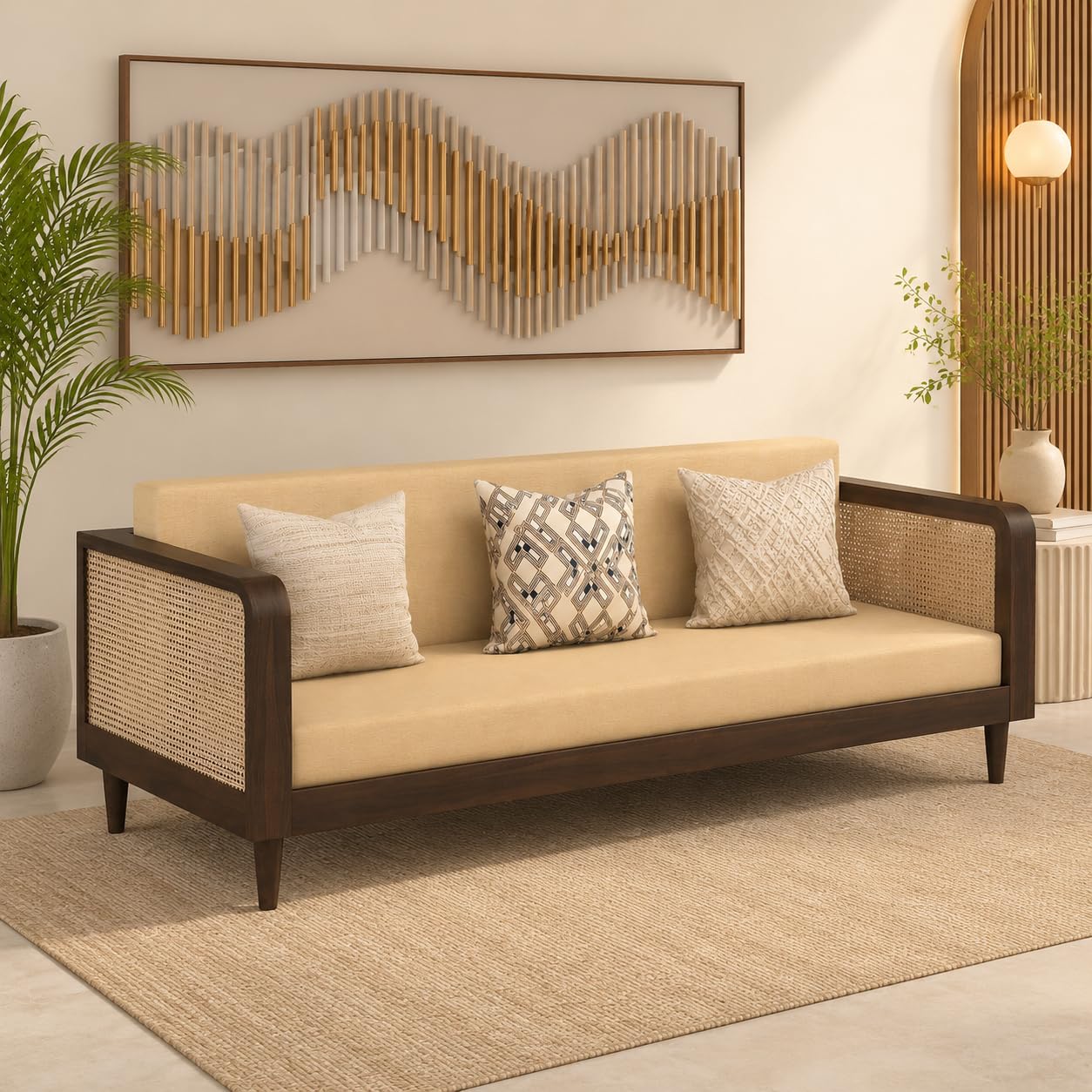 Wooden 3 Seater Sofa for Living Room | Sheesham Wood Sofa Set 3 Seater | Solid Wood Three Seater Sofa Couch for Office Home Furniture | Walnut Finish-image-21