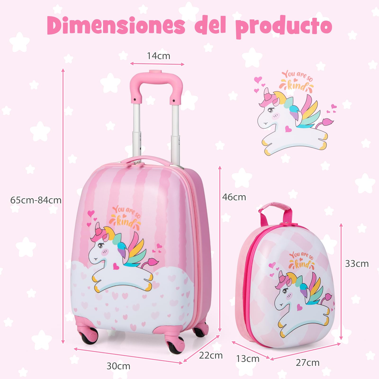 COSTWAY Maleta Infantil Niños, Equipaje de Viaje con Mochila, Equipaje Infantil con Ruedas Universales y Mango Ajustable, Juego de Mochila y Maleta Cabina Trolley (Patrón Unicornio)