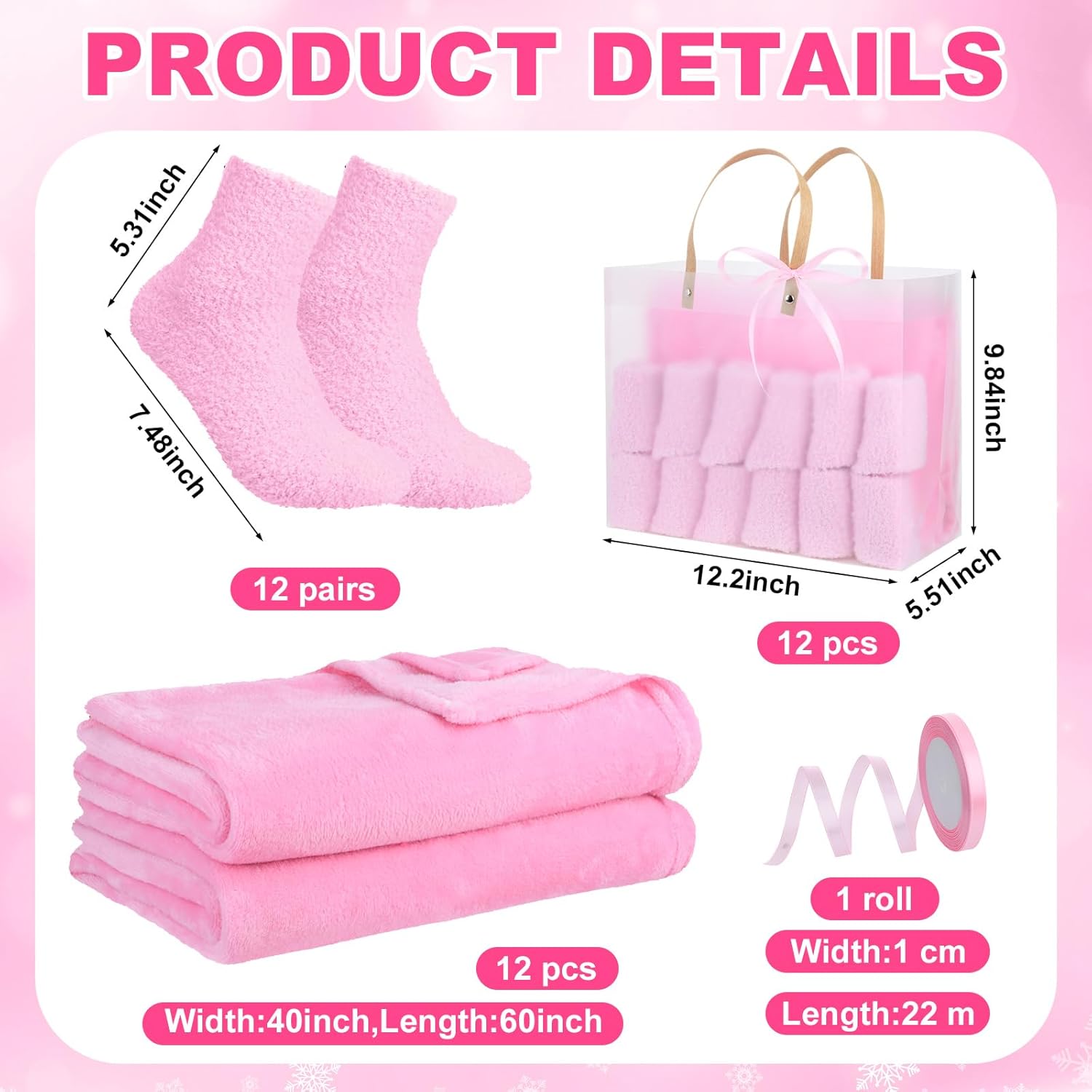 36 Pcs Sleepover Party Supplies for Girls Including Warm Flannel Blanket Fuzzy Socks Ribbon and Gift Bag for Sleeping Slumber Spa Birthday Party Gift Favor(Pink) - Image 2