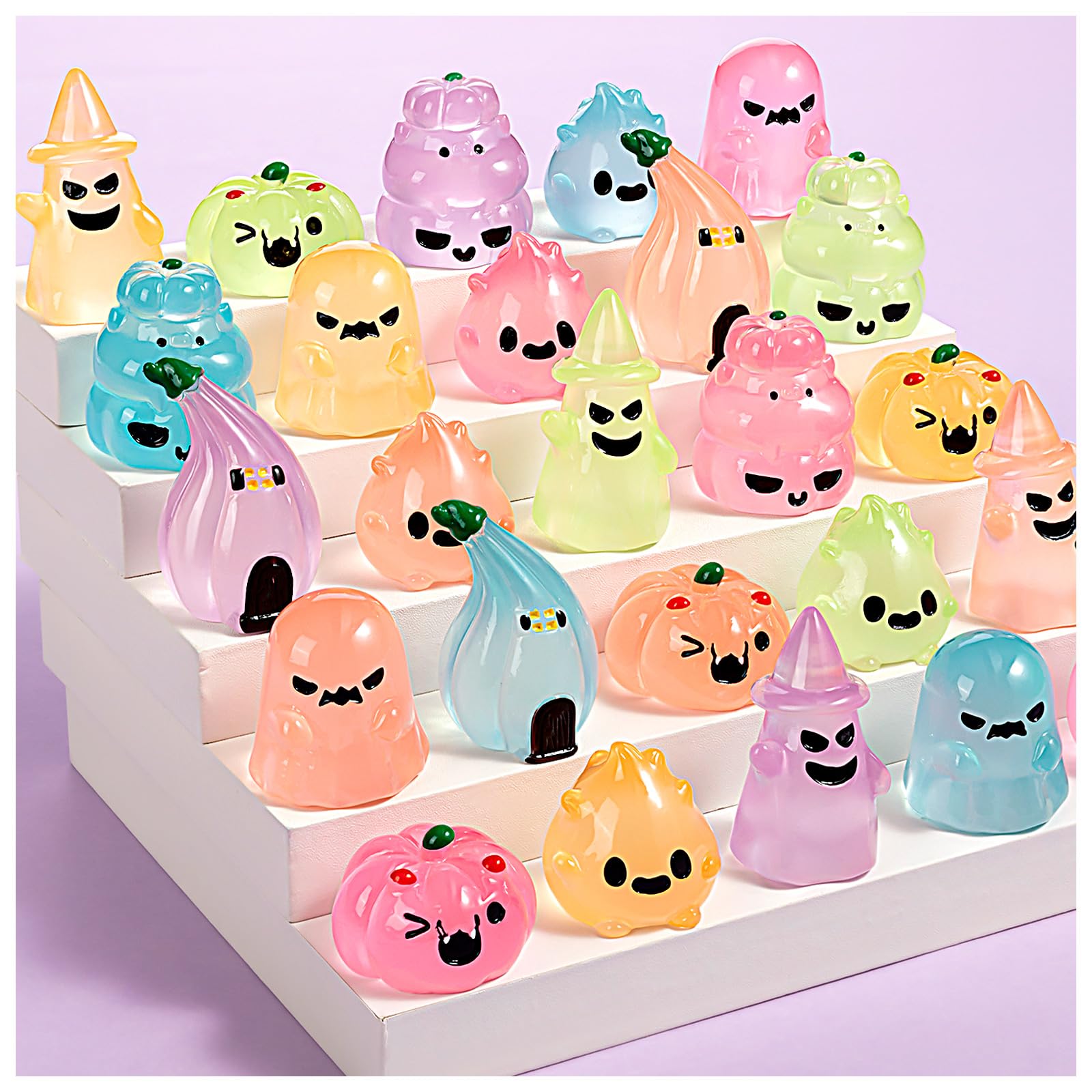 LHSYFBZ 36Pcs Halloween Mini Resin Figures, Glow in Dark Tiny Set, Small Pumpkin Skull Ghost for Party Favors Bag Fillers Garden Dollhouse Decor