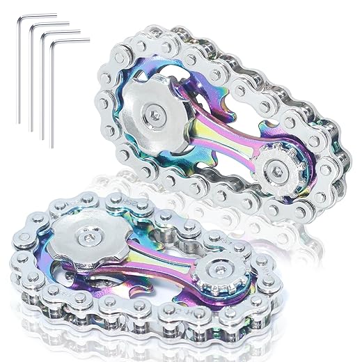 2 Pack Classic Silver Metal Bike Chain Fidget Spinners Toys for Kids & Adults - Pain Stim Fidgets Toy for Teens ADHD, Stress Relief Sensory Toys for Party Favors Bulk Stocking Stuffers