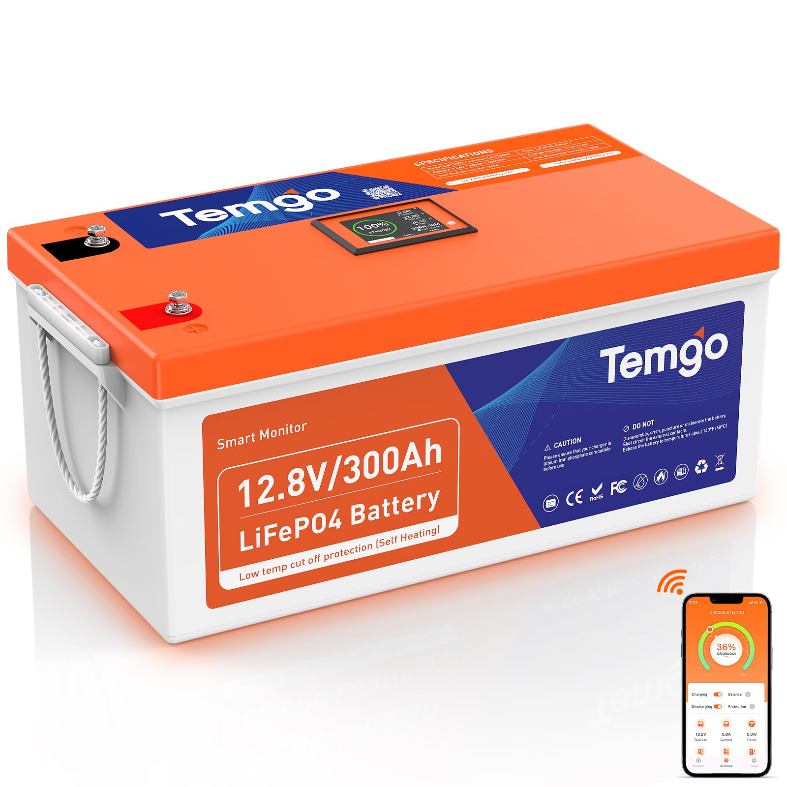 TEMGO 12V 300Ah LiFePO4 Lithium Battery with LCD screen and terminals visible.