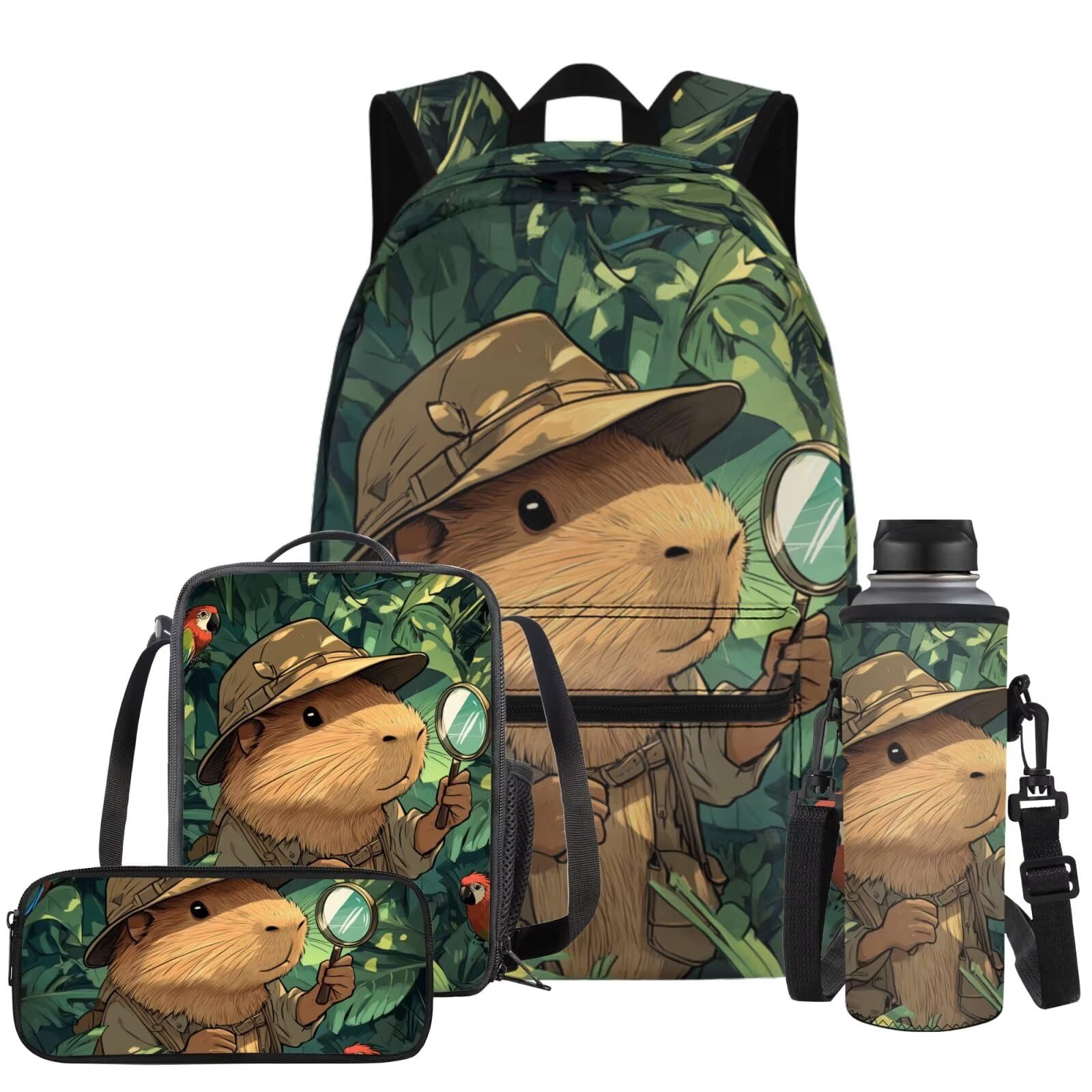 FOR U DESIGNS Capybara Kawaii Backpack Set for 4th Grade Girls 9-10 Years 17 Inch School Bag with Lunchbox Large Capacity 4 Piece Bookbag Cartoon