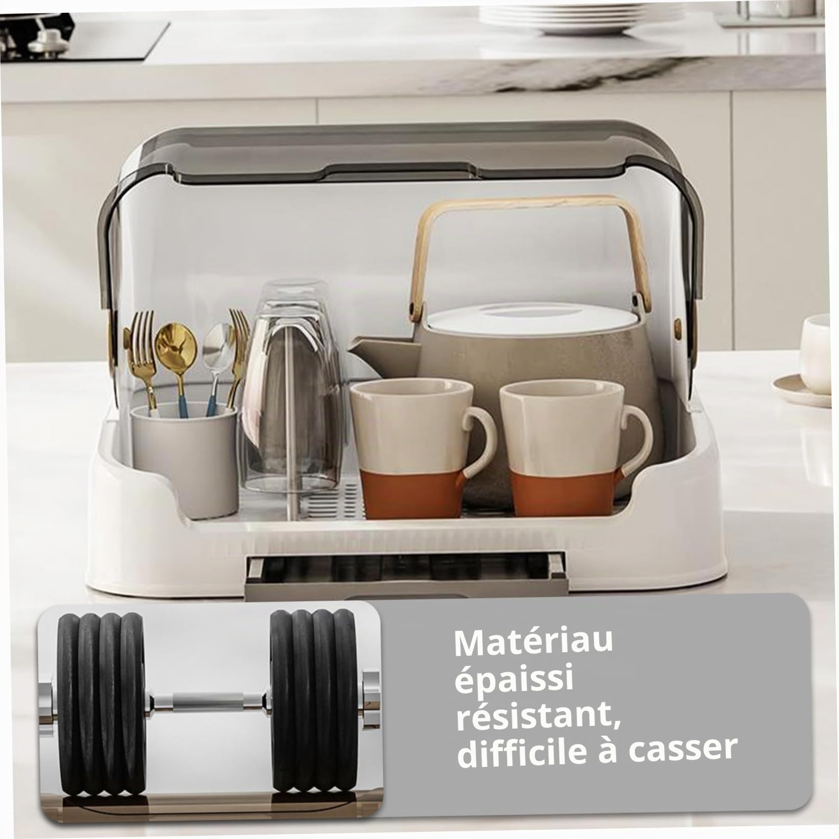 Boîte de rangement de biberon, grand organisateur de biberon avec couvercle et plateau de vidange amovible, porte-séchage à biberon portable à poussière pour armoire de cuisine (gris)