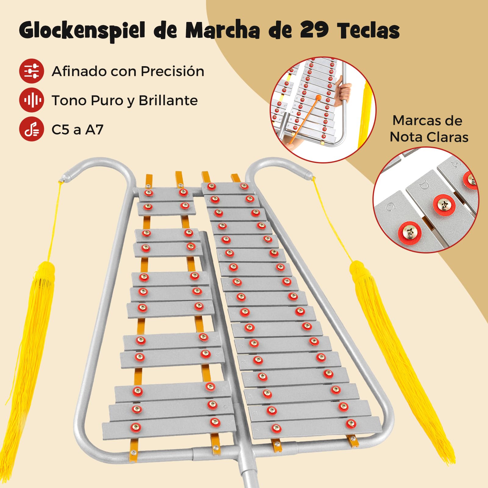 GOPLUS Glockenspiel de Marcha, Lira de Campana de 29 Notas para Banda de Marcha con Teclas de Aluminio, Longitud Ajustable, Correa de Cintura, 2 Mazas, Kit de Instrumento de Percusión para Desfile