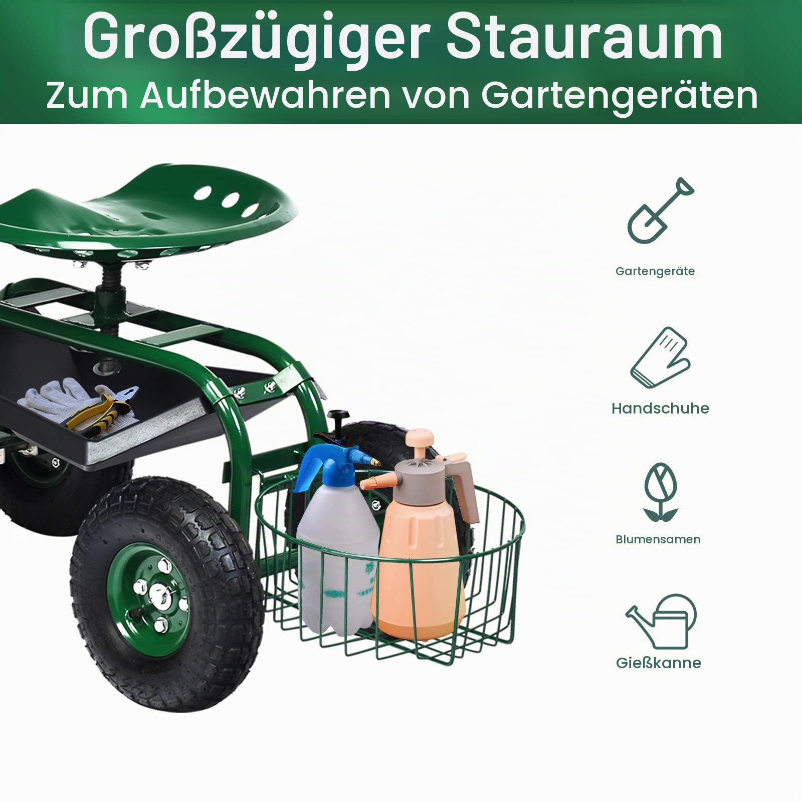 RELAX4LIFE Rollsitz mit Ablage Korb, Gartensitz mit Ausziehbarem Griff 4 Rädern, Gartenrollsitz Fahrbar & 360 ° Drehbar & Höhenverstellbar, Arbeitssitz bis 150kg Belastbar, für Gartenarbeit