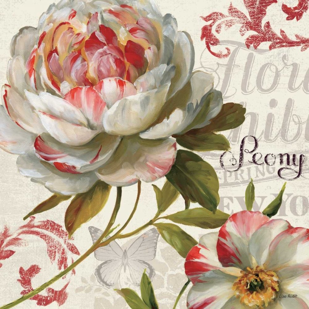 Lienzo impreso con caja americana Spring Flair III Audit Lisa – Floral cuadrado Art print peonía flor tallo floral hojas flor brote primavera marco flotante 24_X_24_in