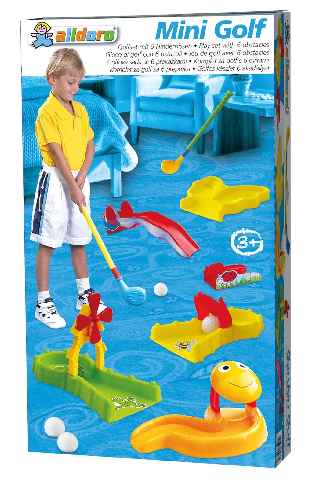 alldoro 60066 Golf de Jardin avec 11 pièces, avec 6 Obstacles, 2 Clubs XXL et 3 balles de Golf, Minigolf pour l'intérieur & l'extérieur, Plastique, pour Enfants à partir de 3 Ans