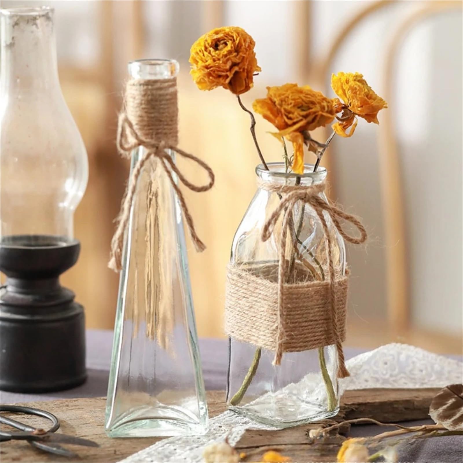 Vase Hydroponique Verre Ensemble de Vases en Verre Transparent, 6 pièces, Bricolage, Corde Chanvre, Artisanat, Fleurs nourrissantes à l'eau, décoration Salon Mariage, jardinière